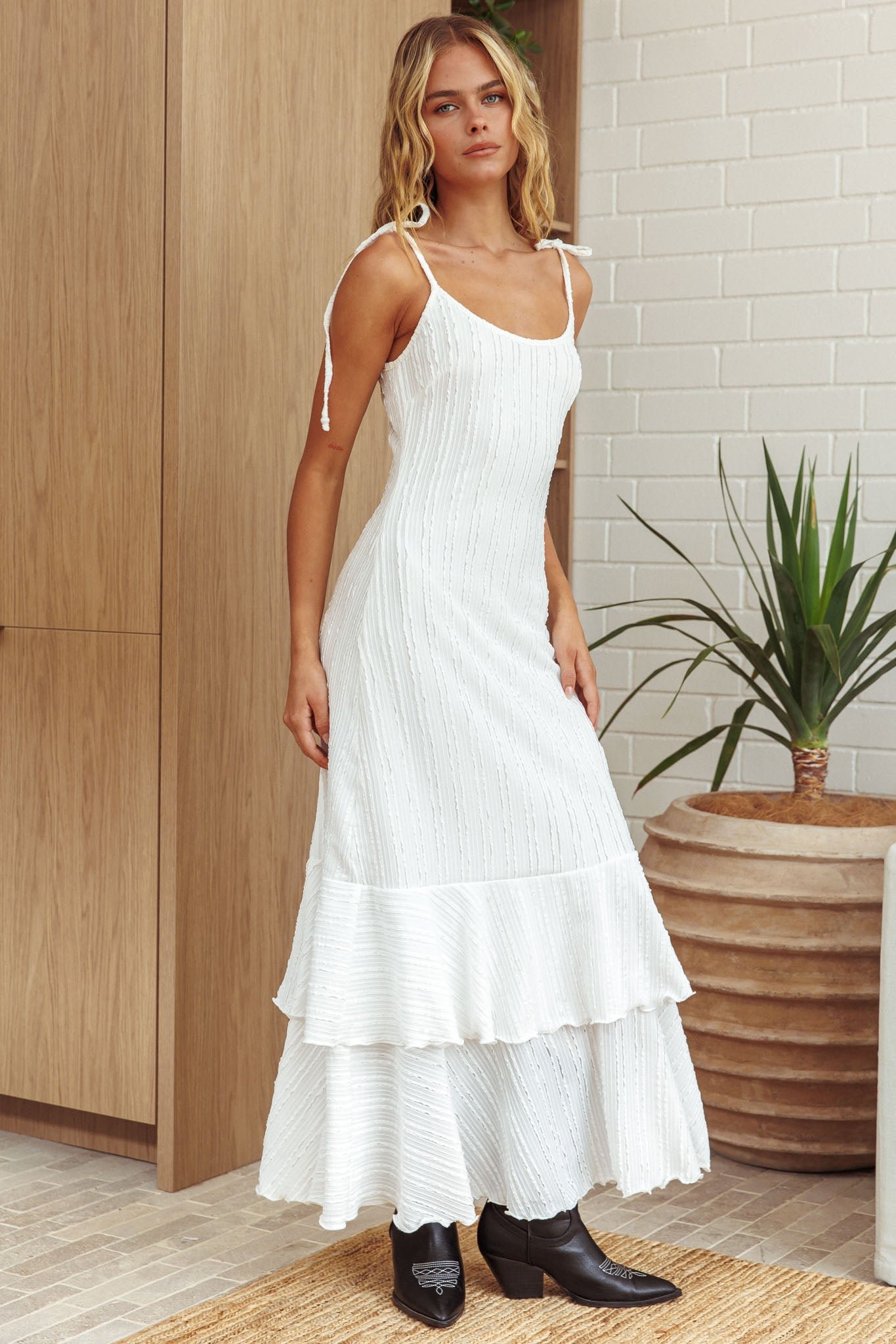 SR1074J02_20WHITE-1 Manhattan Summer Tied Shoulder Ruffle Maxi Dress White - Image 1