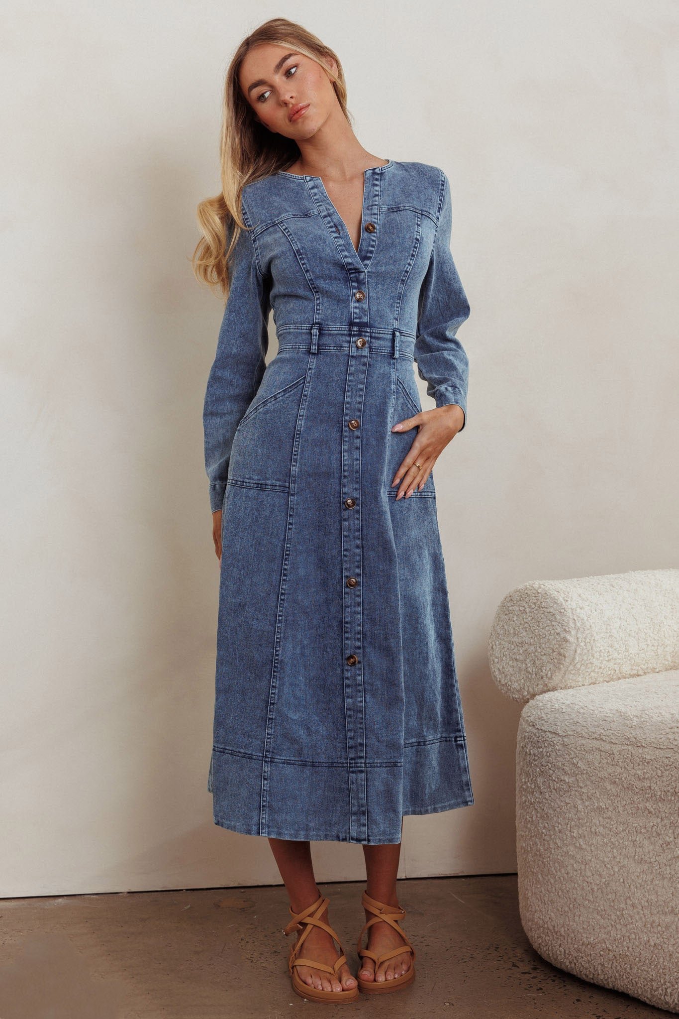 SR1157J02_20DENIM_20BLUE-1-1 Aspen Love Front Pocket Midi Dress Denim Blue - Image 1