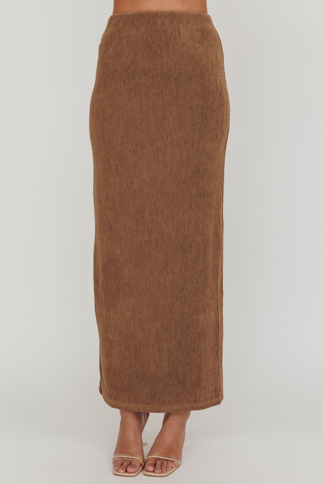 SR1164J-S_20BROWN-4 Calculated Ribbed Knit Maxi Skirt Brown - Image 1