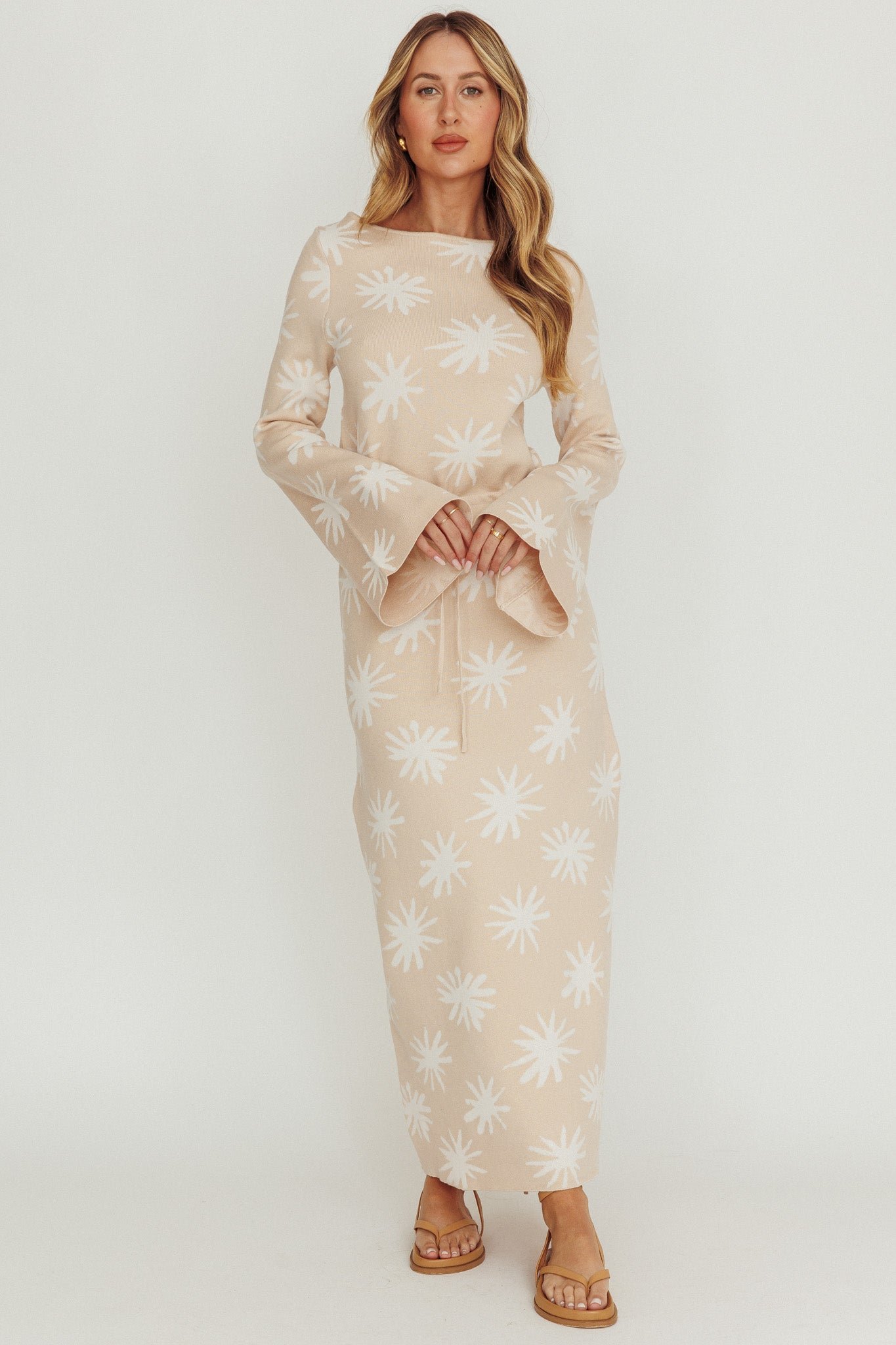 SR1219H_20SAND-1 Orleans Star Print Knit Maxi Dress Sand - Image 1