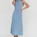 Passionate Flame Sleeveless A-line Midi Dress Denim Blue