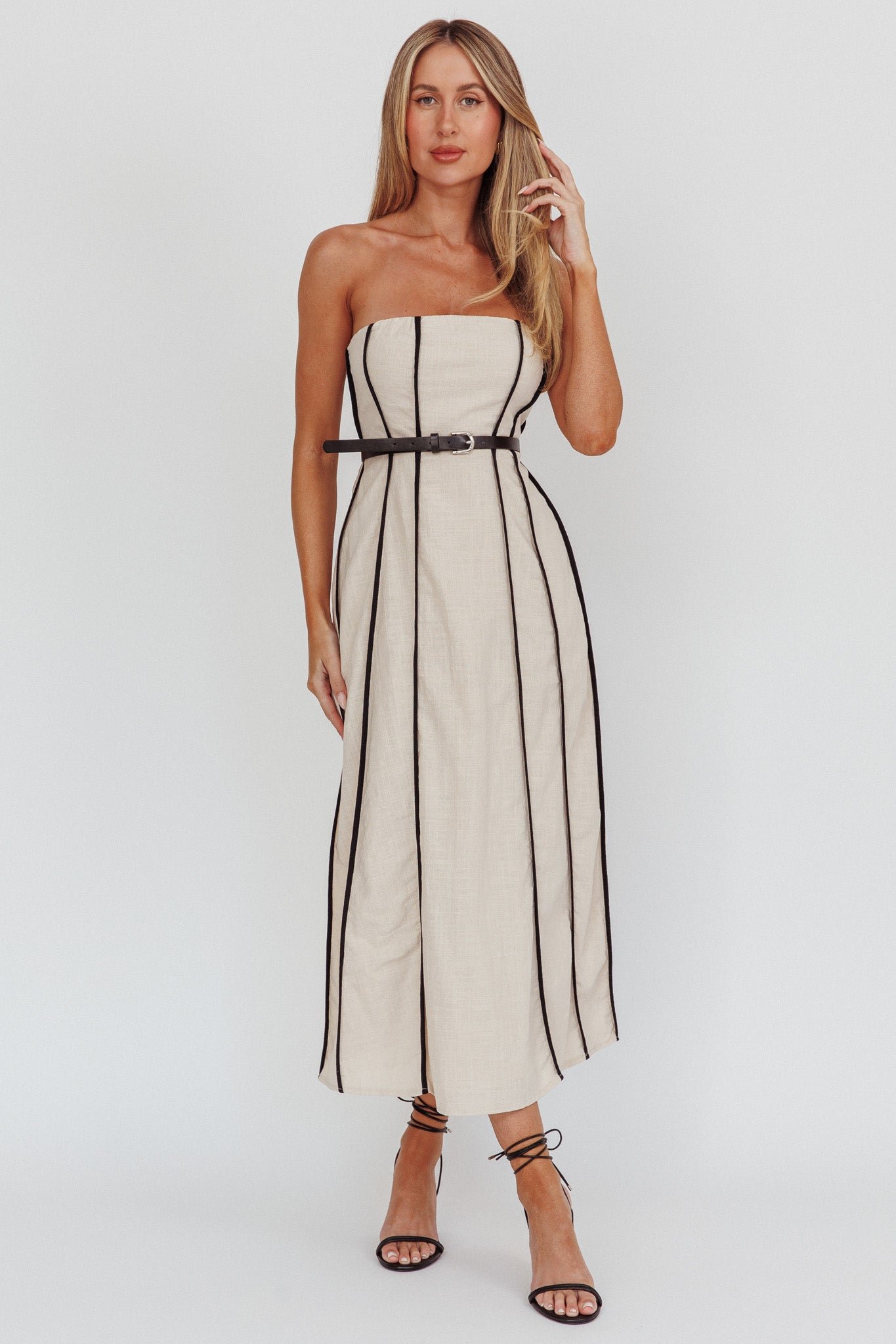 SR1233D_20SAND-1 Azalea Sleeveless A-Line Midi Dress Sand - Image 1