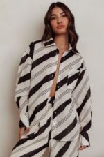 Alex Long Sleeve Striped Print Shirt Black/Cream - Image 5