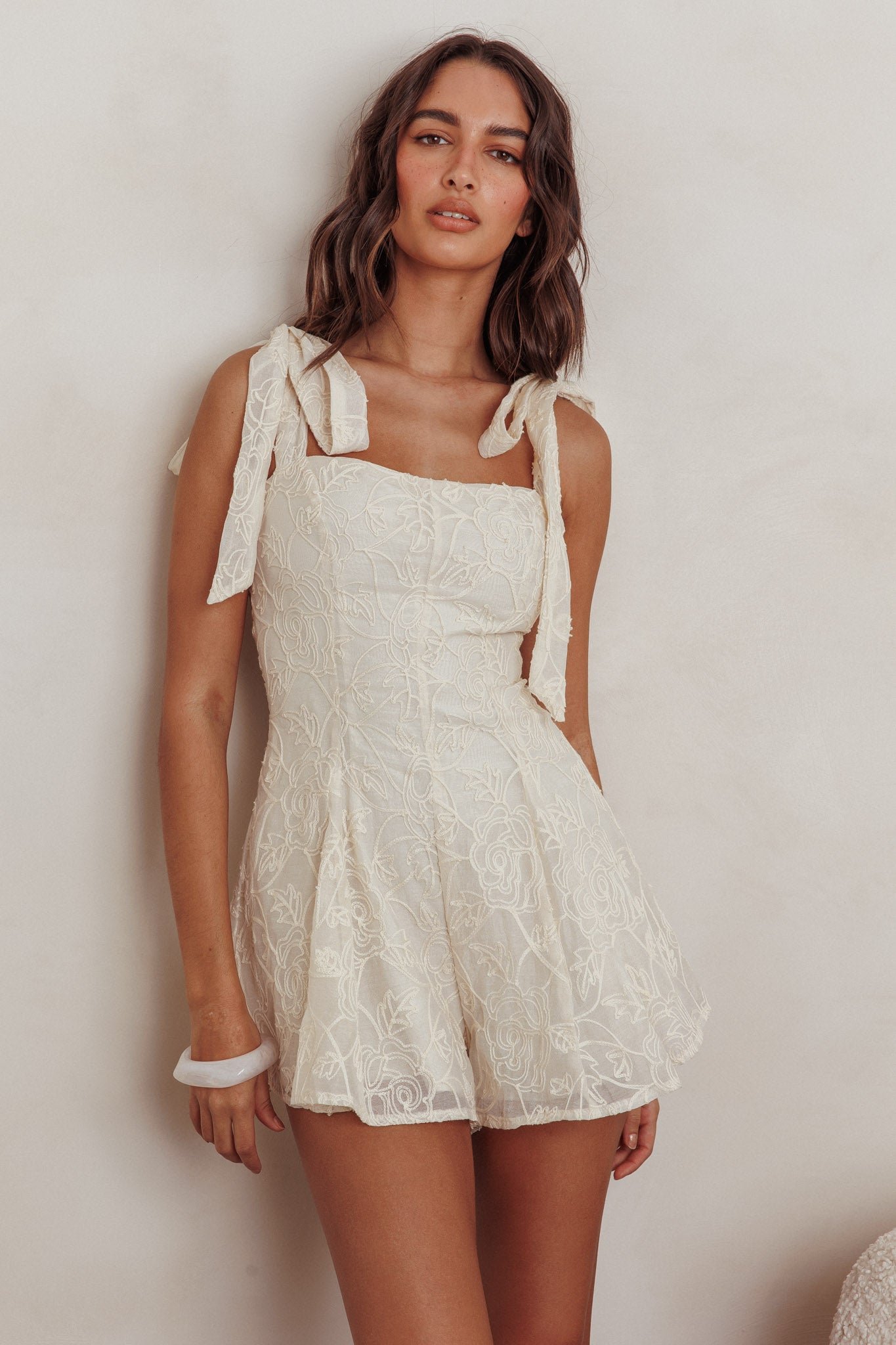 SR1326D_20CREAM-1 Good Days Tied Shoulder Romper Cream - Image 1