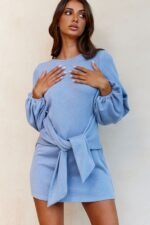Rapt Waist Tie Balloon Sleeve Knit Dress Blue - Image 7