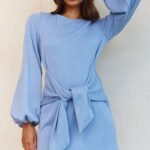 Rapt Waist Tie Balloon Sleeve Knit Dress Blue