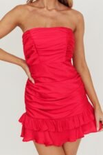 Annabella Strapless Tied Back Frill Hem Mini Dress Fuchsia - Image 9