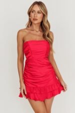 Annabella Strapless Tied Back Frill Hem Mini Dress Fuchsia - Image 10