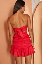 Annabella Strapless Tied Back Frill Hem Mini Dress Red - Image 2