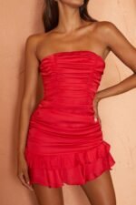 Annabella Strapless Tied Back Frill Hem Mini Dress Red - Image 4
