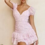 Annabella Puff Sleeve Tied Back Frill Hem Dress Floral Print Blush