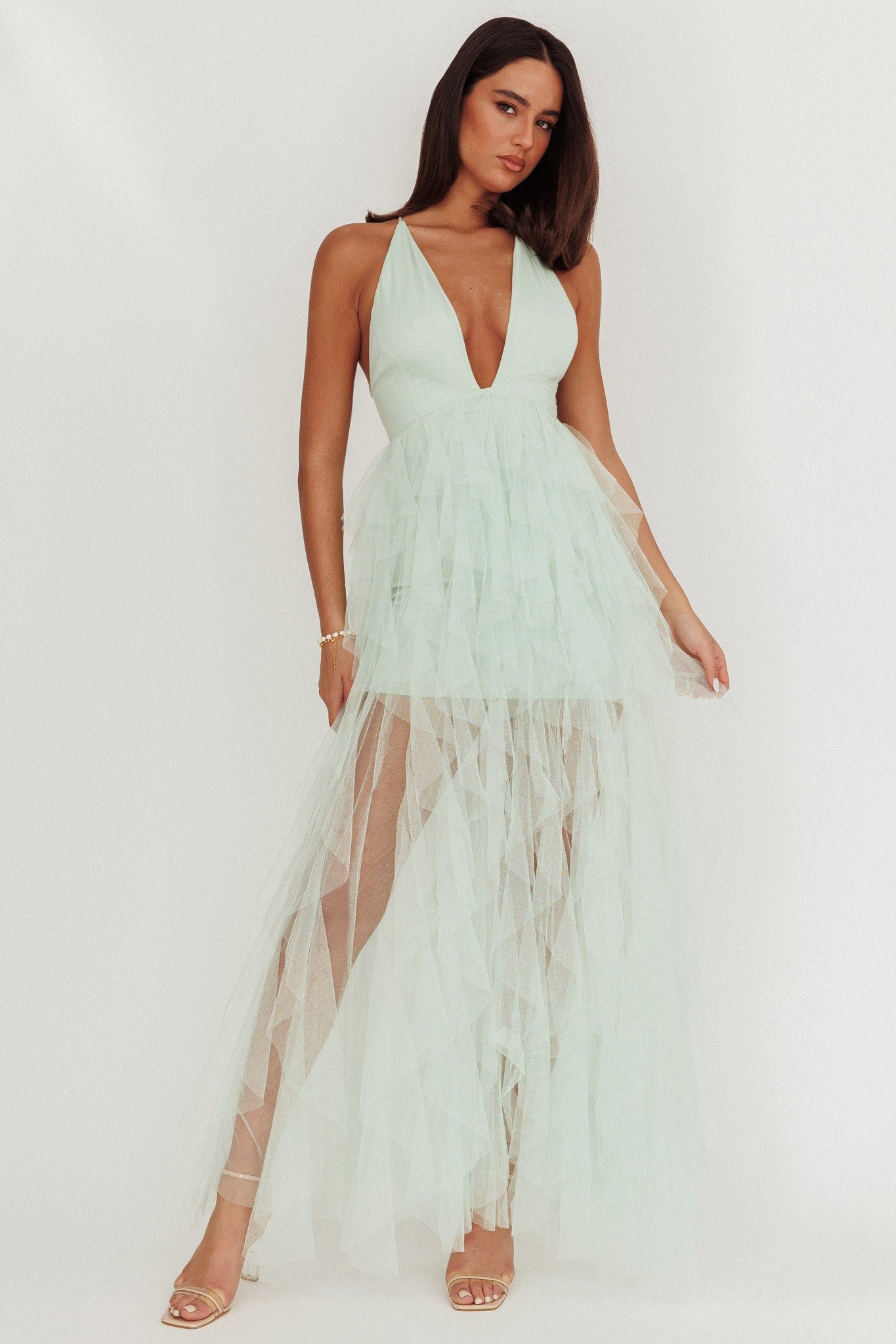 ST3407WB01MINT-1 Auguste Cascading Frill Maxi Dress Mint - Image 1