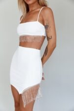 Call On Me Diamante Fringe Mini Skirt White - Image 4