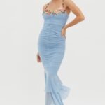 Rose Garden Ruched Mesh Midi Dress Blue