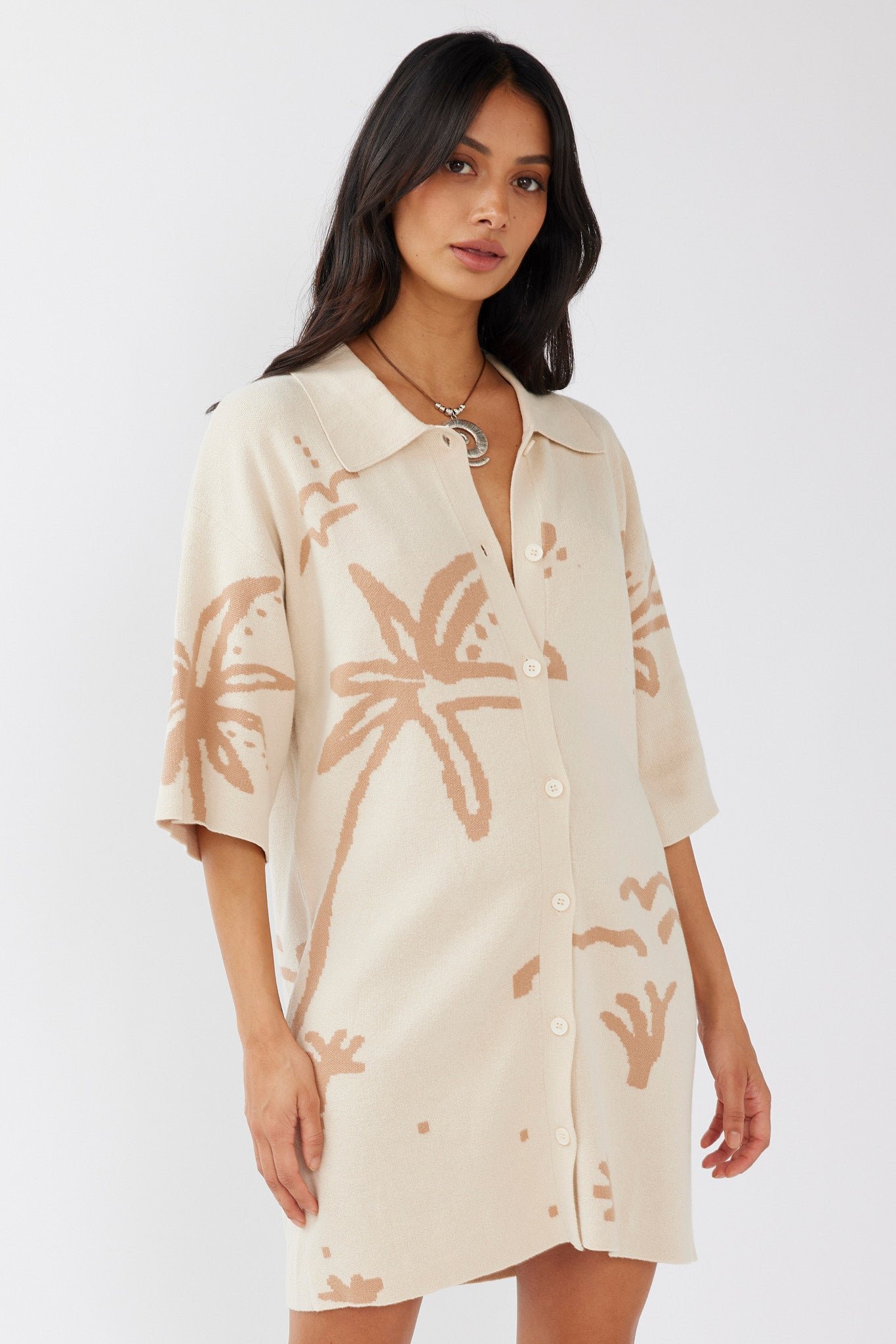 ST3970H02SAND-WOOD-1 Nalani Button-Up Knit Dress Sand/Wood - Image 1