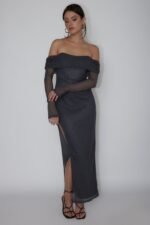 Martinez Off-Shoulder Midi Dress Slate Blue - Image 3
