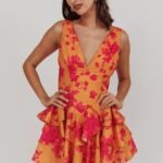 Like Me V-Neck Tied Back Floral Romper Orange