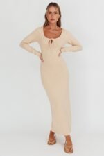 Merine Long Sleeve Knit Maxi Dress Sand - Image 3