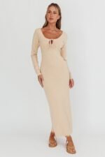 Merine Long Sleeve Knit Maxi Dress Sand - Image 5