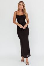 Morella Ruched Waist Mesh Maxi Dress Black - Image 3