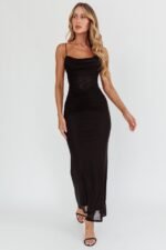 Morella Ruched Waist Mesh Maxi Dress Black - Image 5