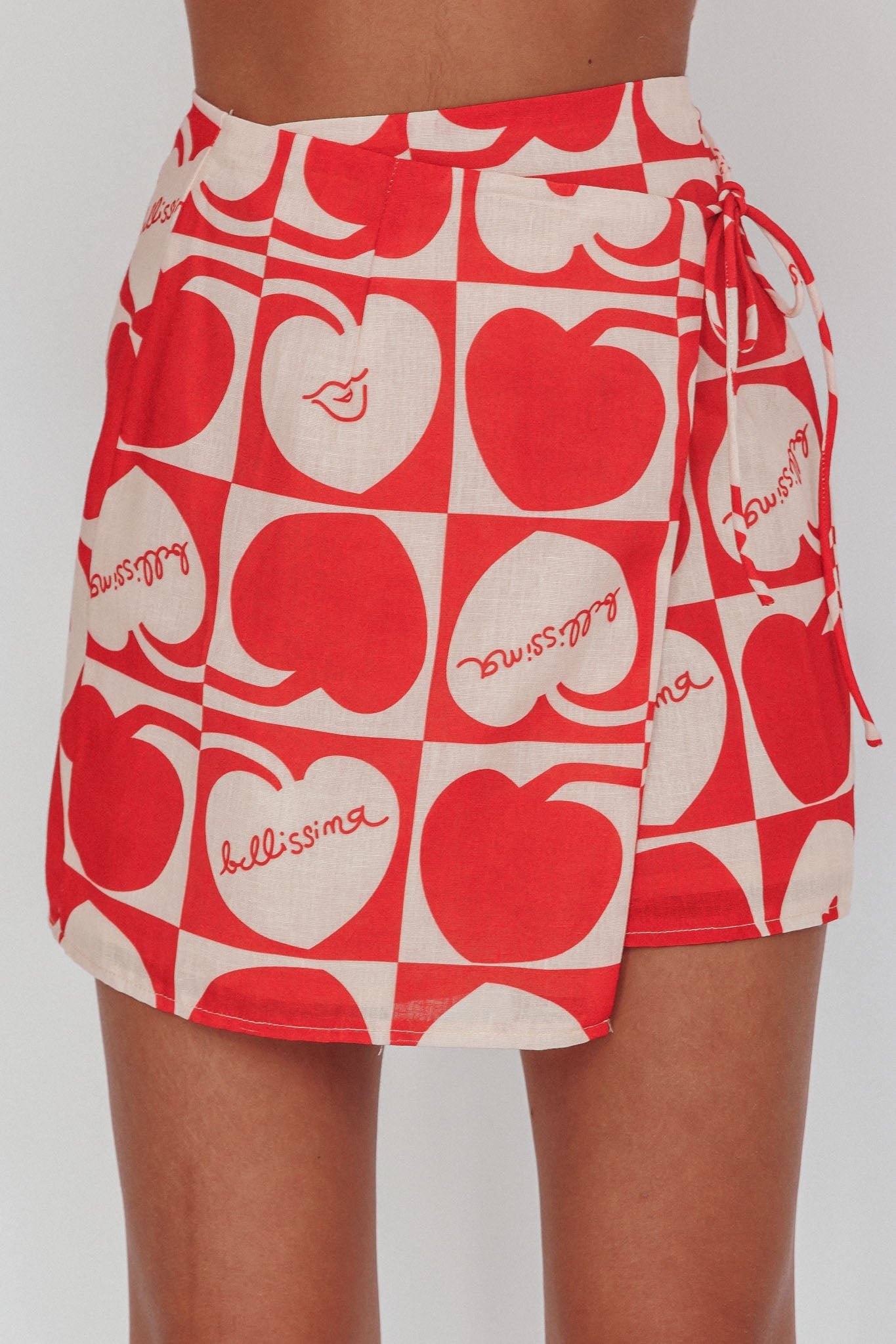 ST5095-SRED-BEIGE-4-1 Ithaca Cherry Print Mini Wrap Skirt Red Beige - Image 1