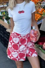 Ithaca Cherry Print Mini Wrap Skirt Red Beige - Image 11
