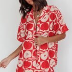 Ithaca Cherry Print Short Sleeve Shirt Red Beige