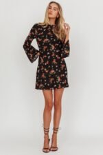 Thriller Long Sleeve Backless Mini Dress Floral Black - Image 4