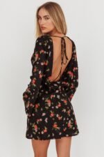 Thriller Long Sleeve Backless Mini Dress Floral Black - Image 2