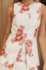 Sunlit Grove Button Front Top Floral Cream/Red - Image 4