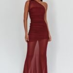 Verity One-Shoulder Sheer Maxi Dress Wine