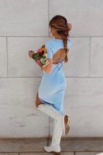 Moon Dance Open Back Short Sleeve Knit Midi Dress Steel Blue - Image 13