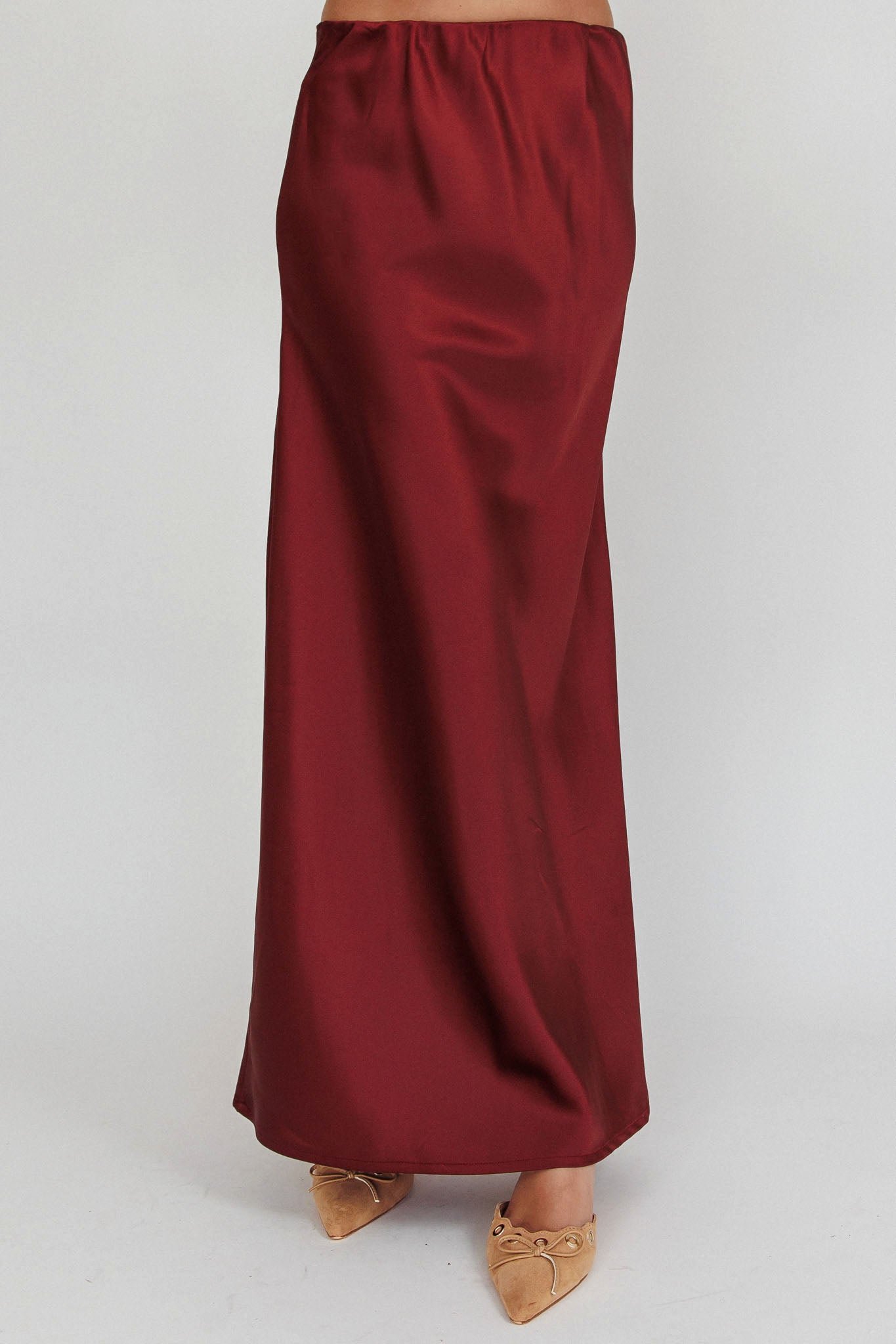 TB0008K_20WINE-4 Cherubim Satin Maxi Skirt Wine - Image 1