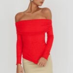 Ricki Off-Shoulder Long Sleeve Top Red