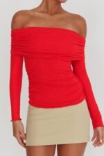 Ricki Off-Shoulder Long Sleeve Top Red - Image 4