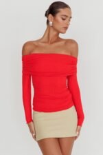 Ricki Off-Shoulder Long Sleeve Top Red - Image 6