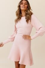 Montmarte Lantern Sleeve Fluted Hem Dress Blush - Image 5